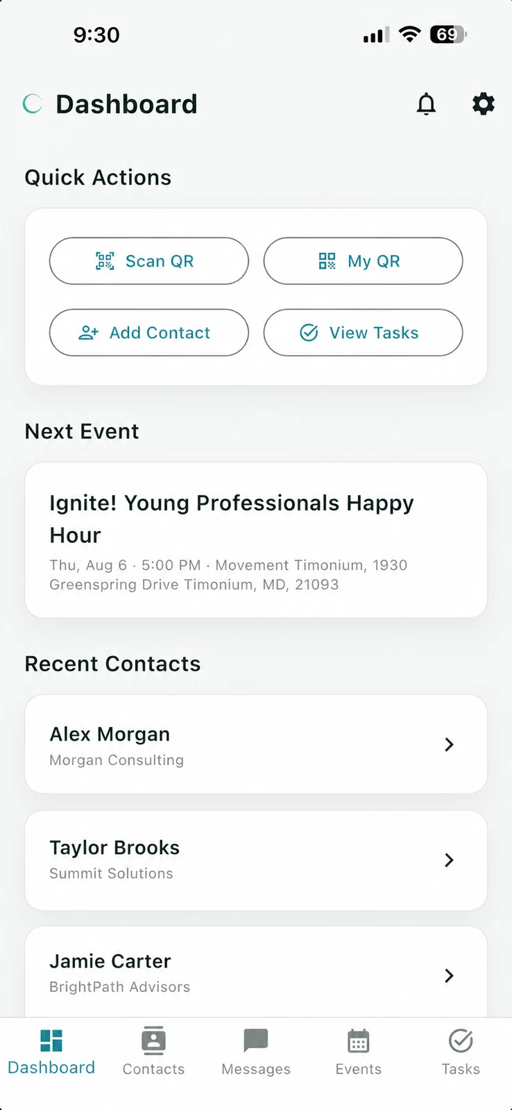 Crescent Plus dashboard: quick actions to scan a QR code or business card, your next event, and recent contacts